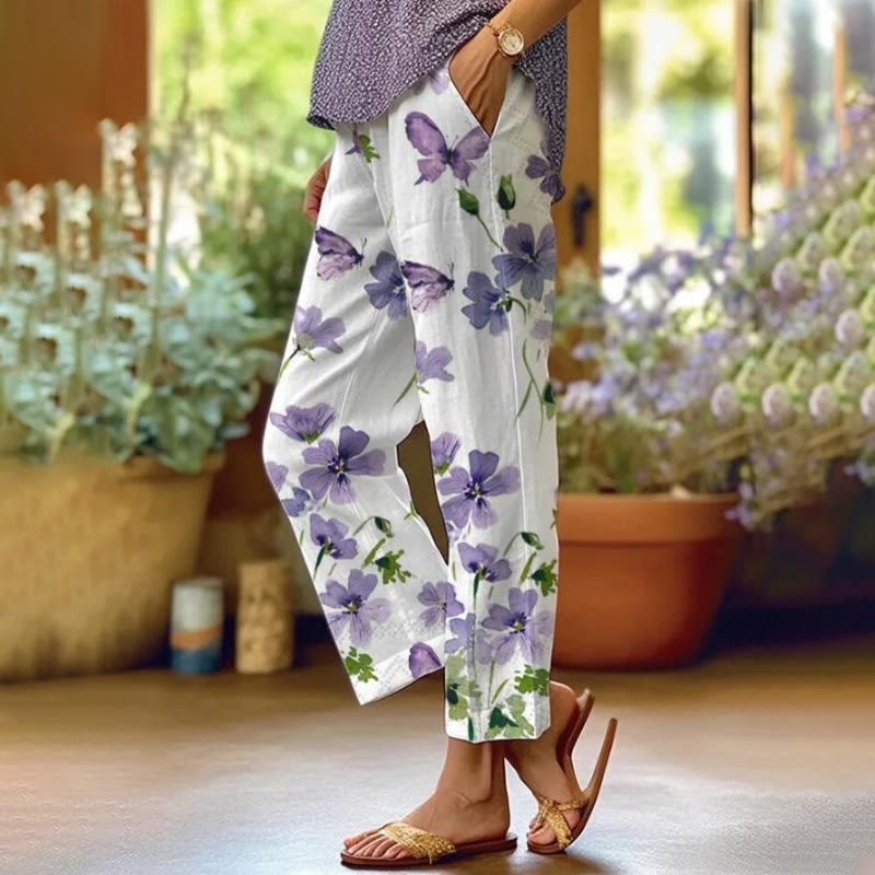 Elegant Watercolor Natural Flowers Print Casual Pocket Pants  - Purple - 5XL - image 1