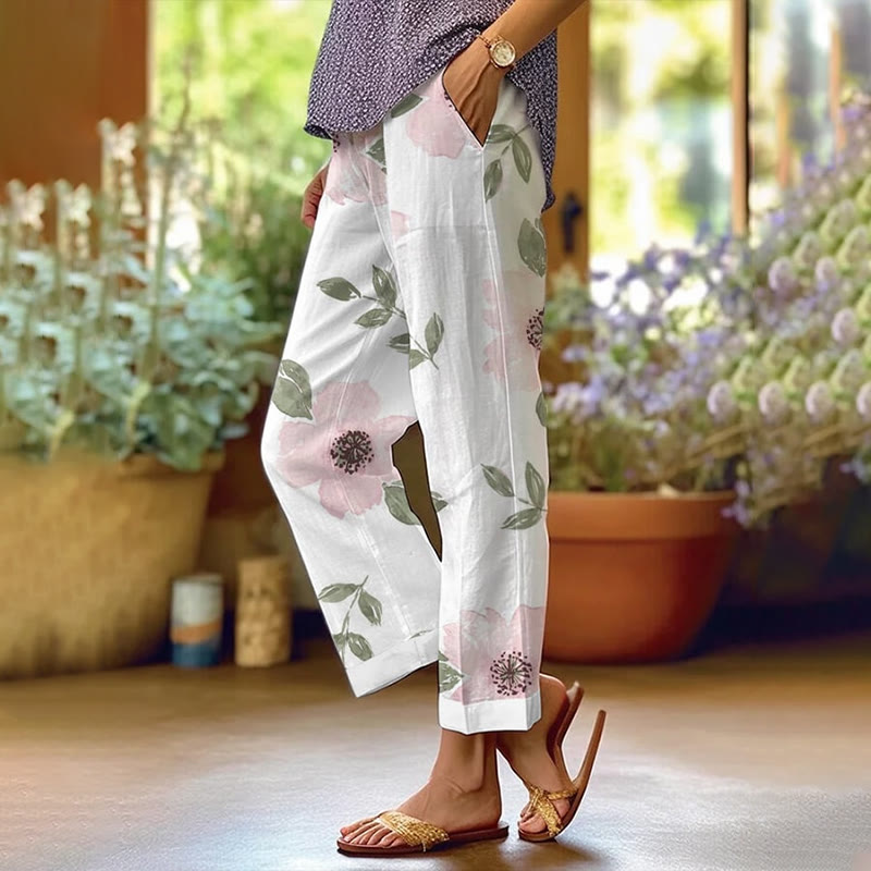 Minimalist Watercolor Large Flowers Print Casual Pocket Pants  - White - 5XL - image 1