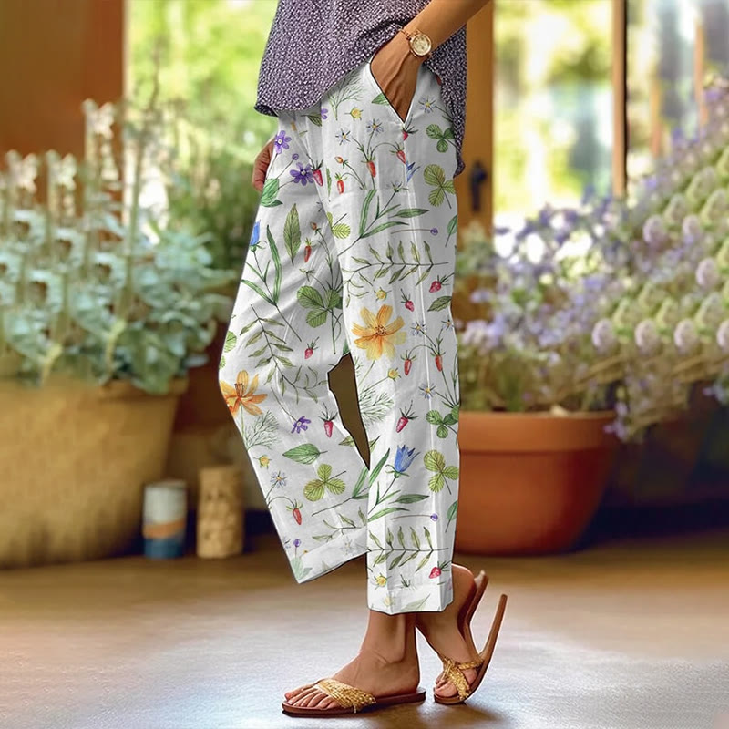 Casual Pastoral Plants Print Casual Pocket Pants  - White - 5XL - image 1