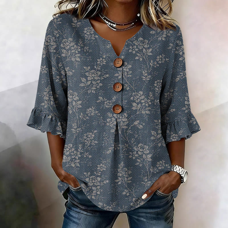 Vintage Floral Texture Pattern Print Button V-neck Blouse With Ruffle Sleeves - Navy Blue - US32-34(5XL) - image 2
