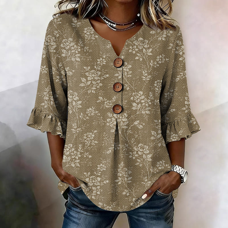 Vintage Floral Texture Pattern Print Button V-neck Blouse With Ruffle Sleeves - Khaki - US32-34(5XL) - image 5