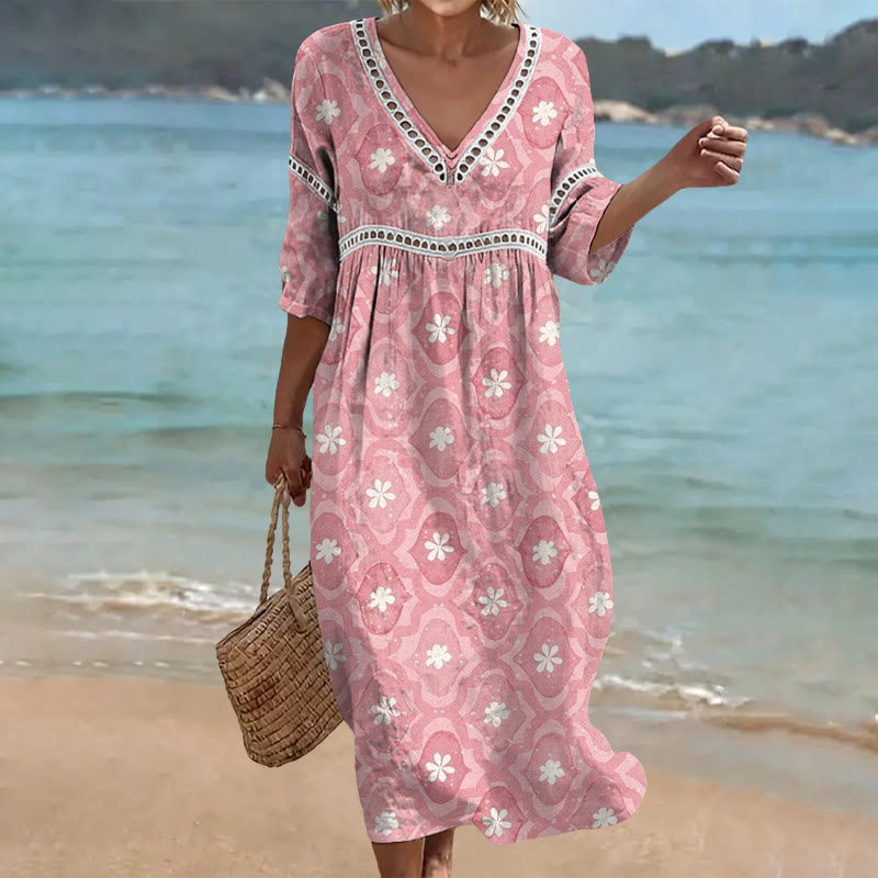 Boho Allover Flower Pattern Print Openwork Lace V-neck Half Sleeve Maxi Dress - Pink - 4XL - image 1