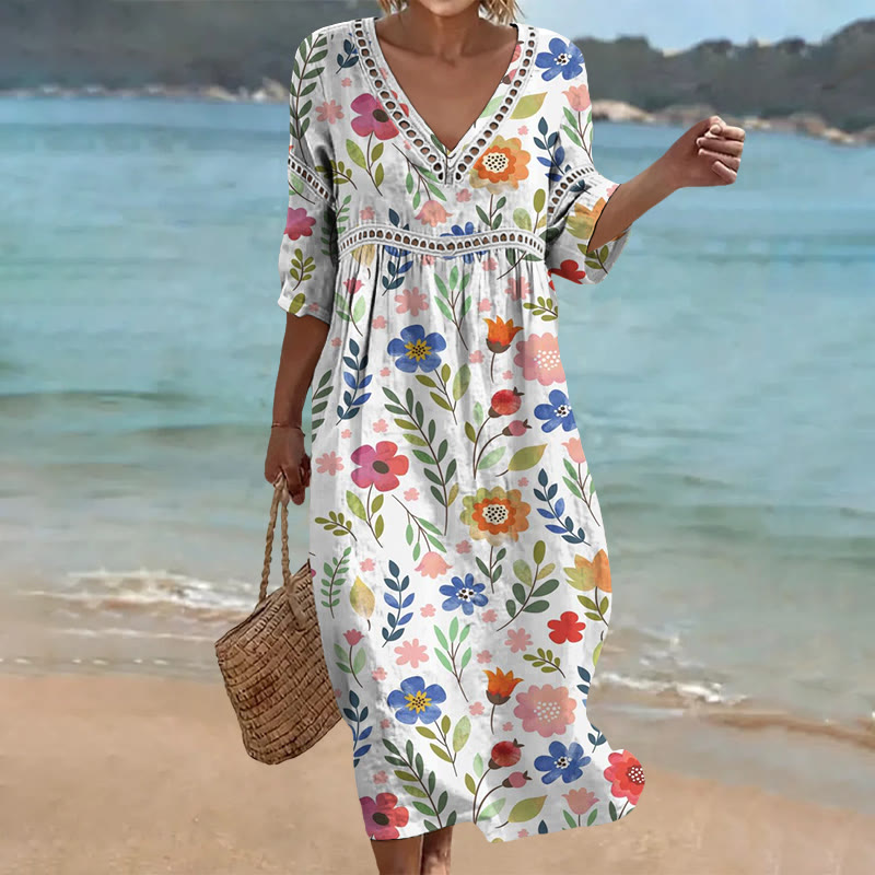 Boho Garden Flower Print Openwork Lace V-neck Half Sleeve Maxi Dress - White - 4XL - image 1