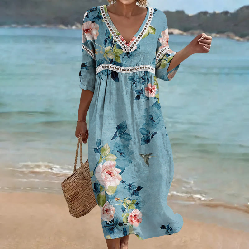 Blue Floral Bird Print Openwork Lace V-neck Half Sleeve Maxi Dress - Blue - 4XL - image 1