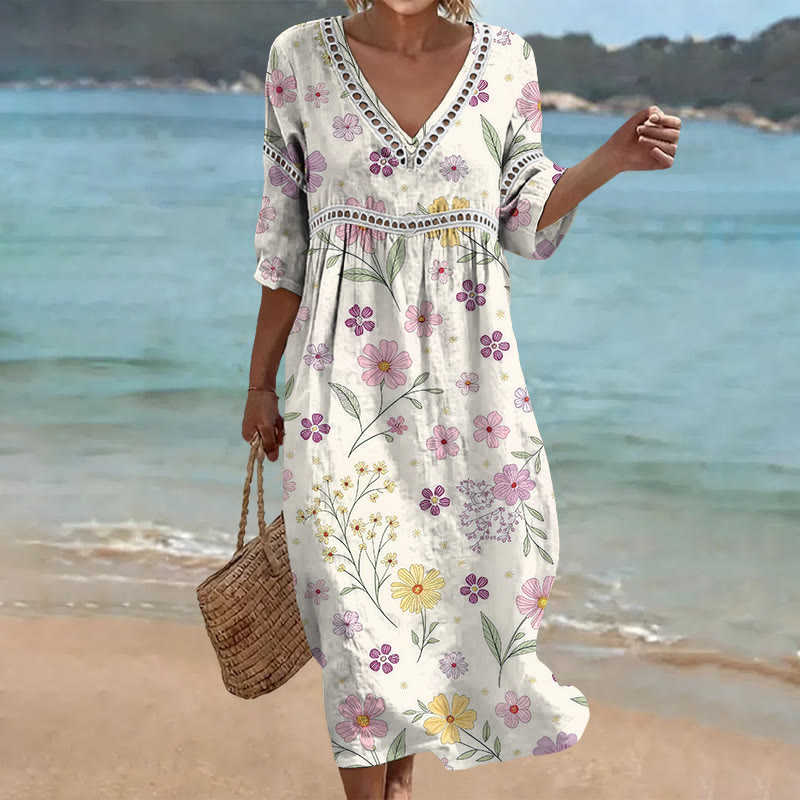 Cottagecore Spring Botanical Floral Flowy Print Openwork Lace V-neck Half Sleeve Maxi Dress - Apricot - 4XL - image 1