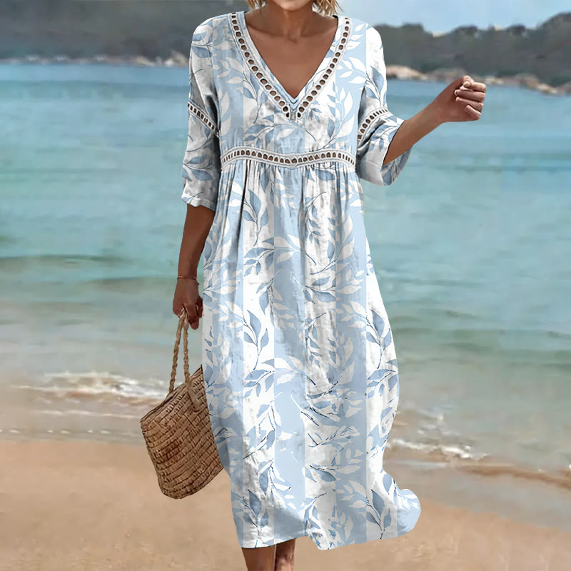 Light Blue Leaf Print Openwork Lace V-neck Half Sleeve Maxi Dress - Light Blue - 4XL - image 1