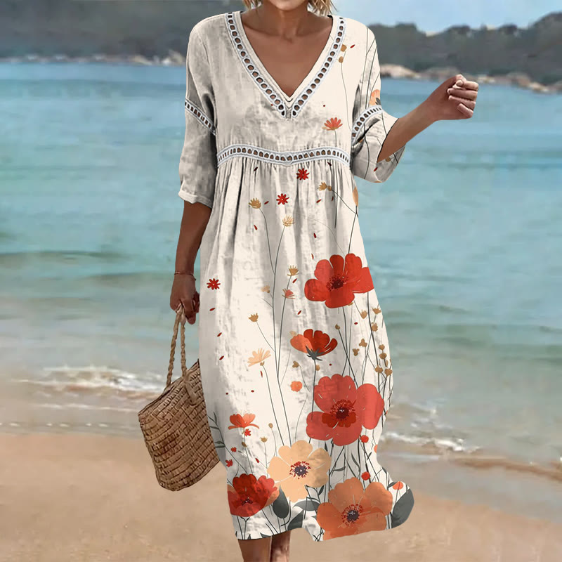 Vintage Poppy Floral Print Openwork Lace V-neck Half Sleeve Maxi Dress - Apricot - 4XL - image 1