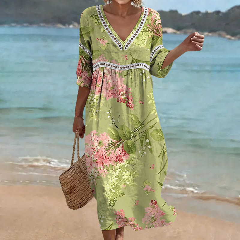 Green Hydrangea Floral Print Openwork Lace V-neck Half Sleeve Maxi Dress - Green - 4XL - image 1
