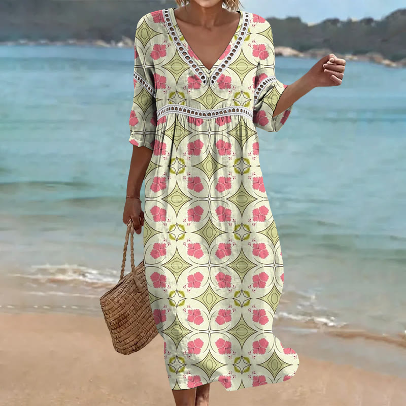 Geometric Floral Print Openwork Lace V-neck Half Sleeve Maxi Dress - Green - 4XL - image 1