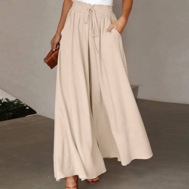 Elegant Solid Elastic Drawstring Waist Pocket Wide Leg Pants - Apricot - 2XL - image 3