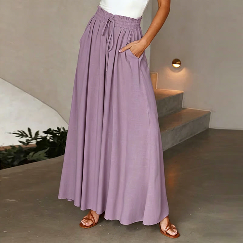 Elegant Solid Elastic Drawstring Waist Pocket Wide Leg Pants - Light Purple - 2XL - image 1