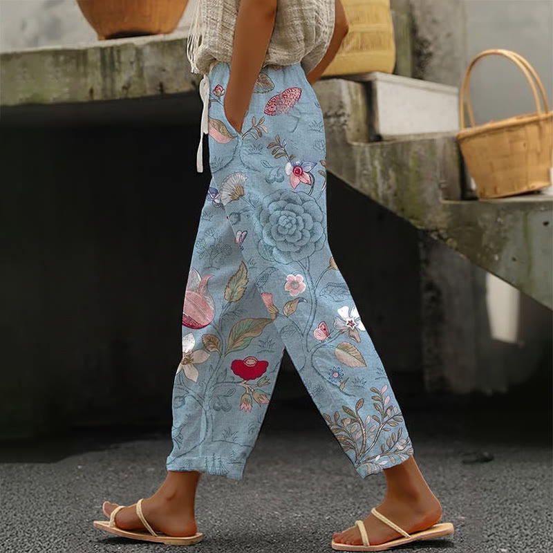Cottagecore Blue Floral Print Casual Pocket Pants  - Blue - 5XL - image 1