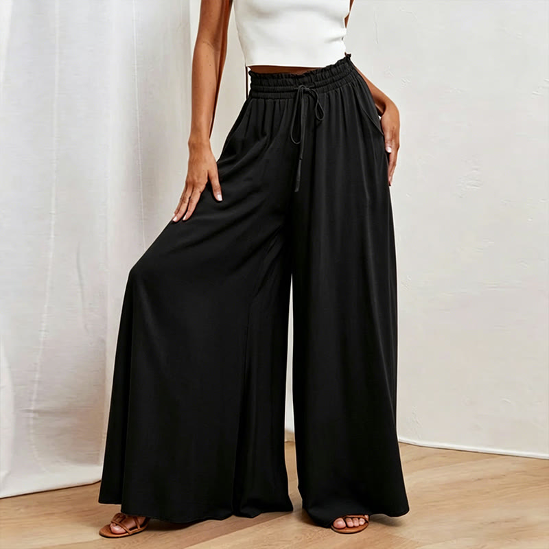 Elegant Solid Elastic Drawstring Waist Pocket Wide Leg Pants - Black - 2XL - image 10
