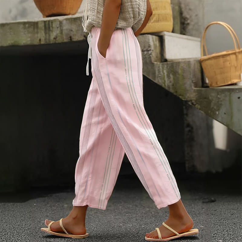 Casual All-match Striped Print Casual Pocket Pants - Pink - 5XL - image 1