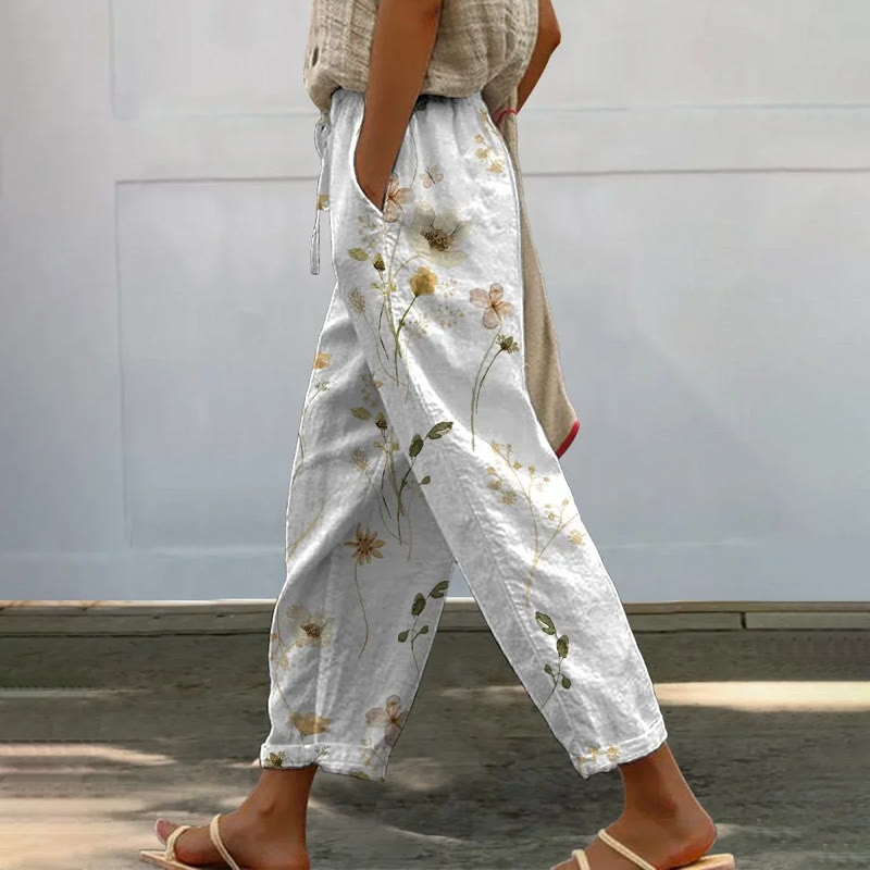 White Wildflowers Print Casual Pocket Pants - White - 5XL - image 1