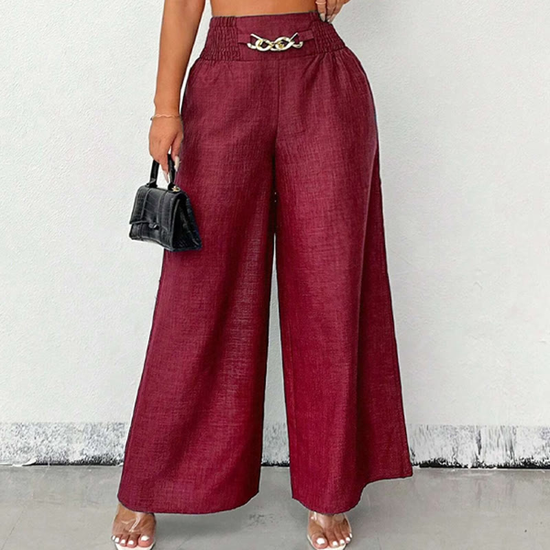 Soid Loose Fit Metal Embellishment Elastic Waist Wide-leg Pants - Red - XL - image 4