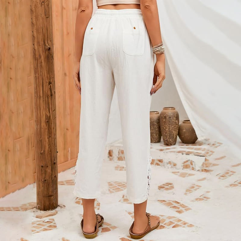 Elegant Solid Lace-trimmed Cuffs Pocket Loose-fitting Drawstrings Pants - image 2