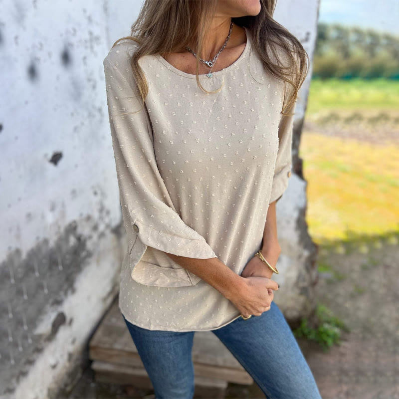 Elegant Solid Chiffon Polka-dot Jacquard Texture 3/4 Petal Sleeves Round-neck Blouse - Khaki - 3XL - image 2