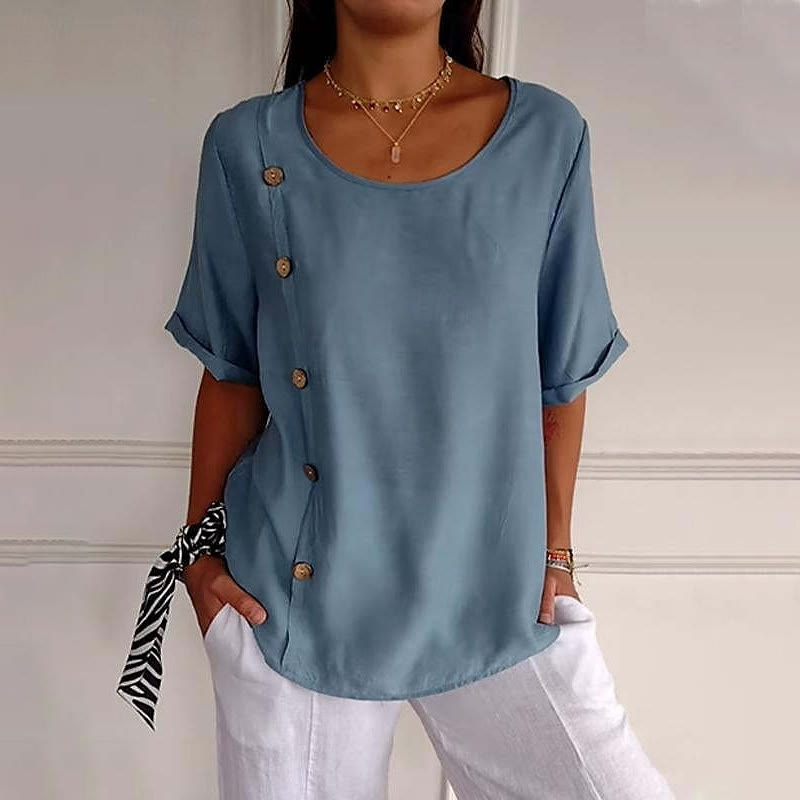 Elegant Solid Asymmetrical Buttons Half-sleeves Round-neck Blouse - Blue - 5XL - image 2