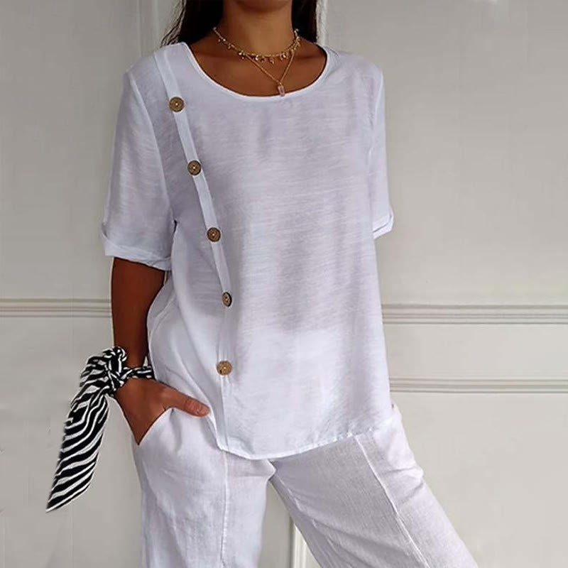 Elegant Solid Asymmetrical Buttons Half-sleeves Round-neck Blouse - White - 5XL - image 1