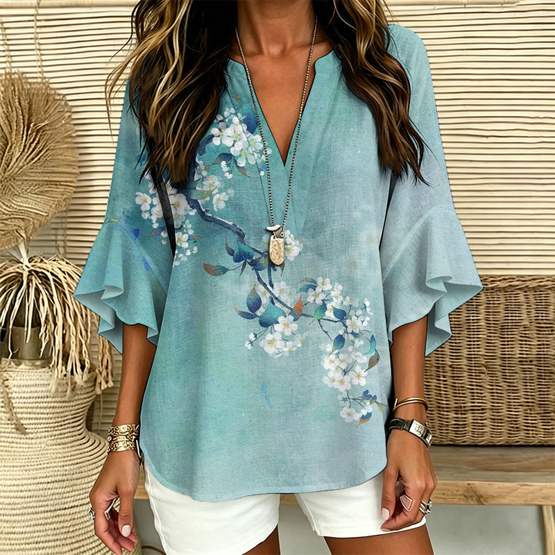 Japanese Antique Pear Blossom Ink Painting Print V-neck Half Sleeve Blouse - image 1