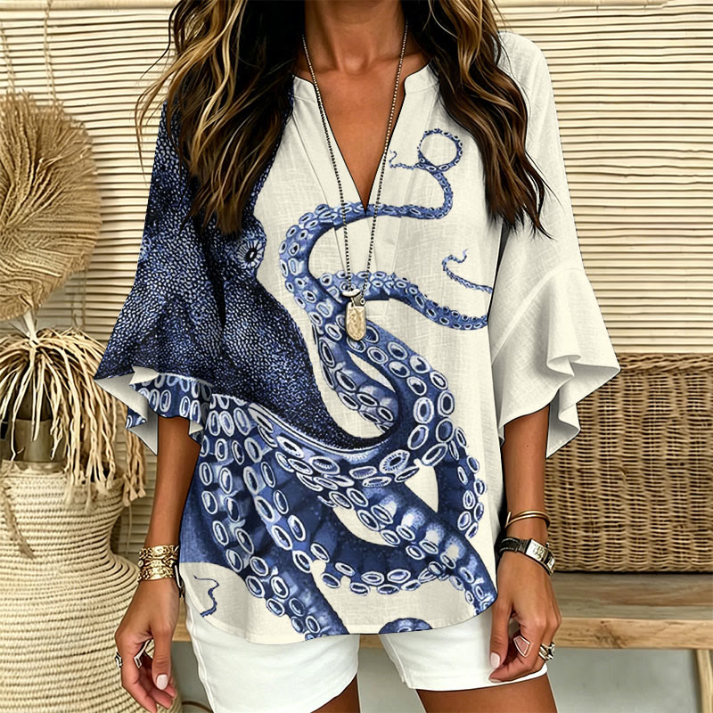 Japanese Art Octopus Graphic Print V-neck Half Sleeve Blouse - image 1