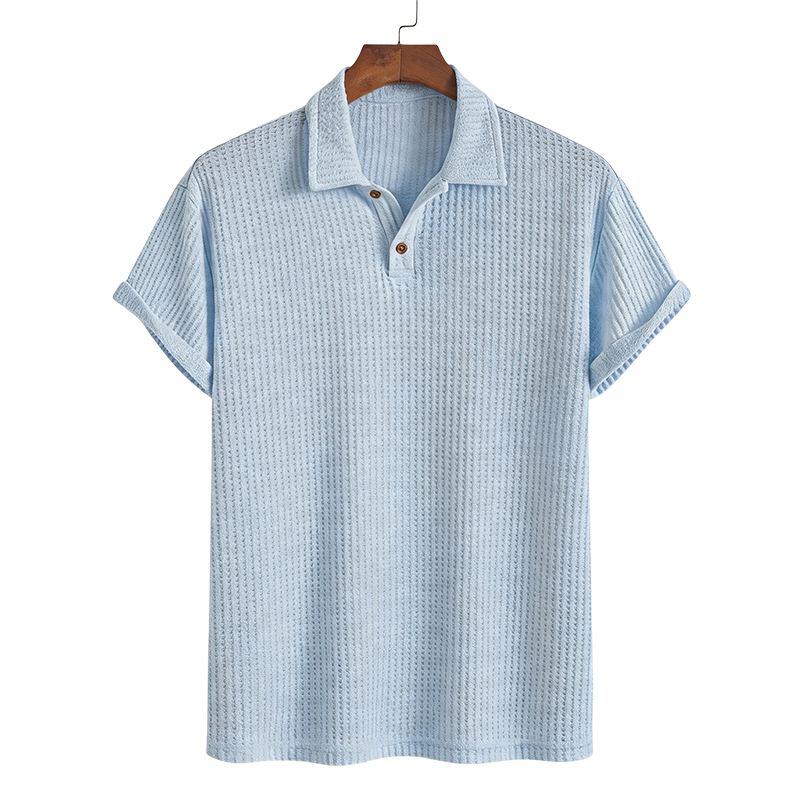 Solid Color Short Sleeve Lapel Polo Shirt - Light Blue - 2XL - image 2