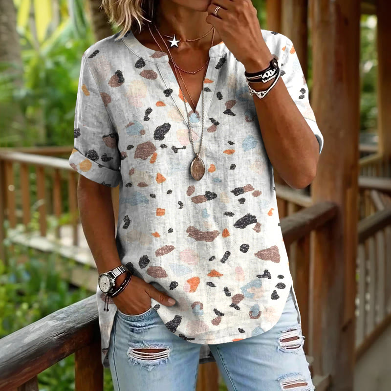 Random Natural Stone Color Speckles Pattern Print Short Sleeve Casual Blouse - White - 5XL - image 2