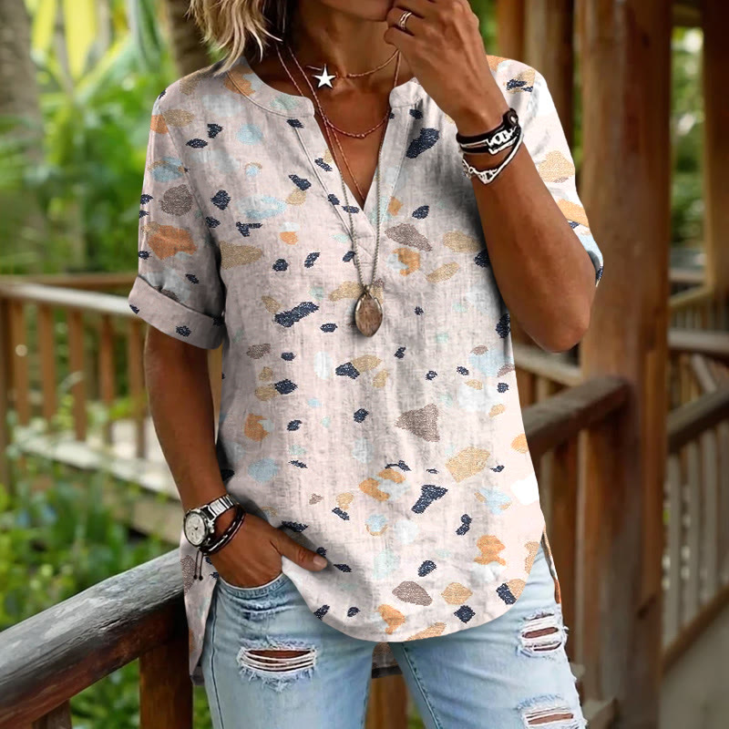 Random Natural Stone Color Speckles Pattern Print Short Sleeve Casual Blouse - Light Pink - 5XL - image 1