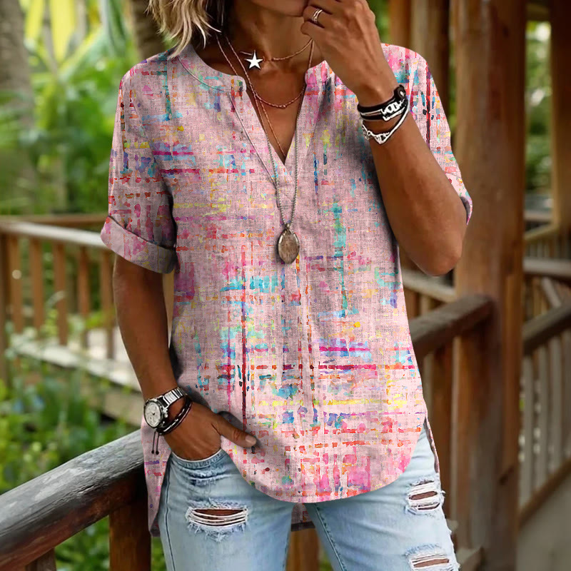 Colorful Glitch-woven Texture Pattern Print Short Sleeve Casual Blouse - Pink - 5XL - image 2