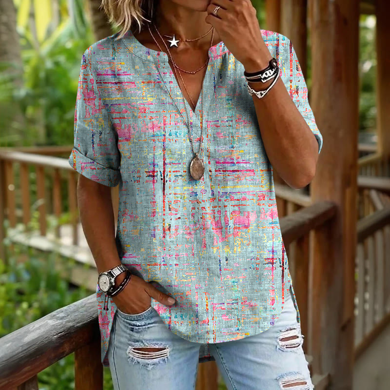 Colorful Glitch-woven Texture Pattern Print Short Sleeve Casual Blouse - Light Green - 5XL - image 1