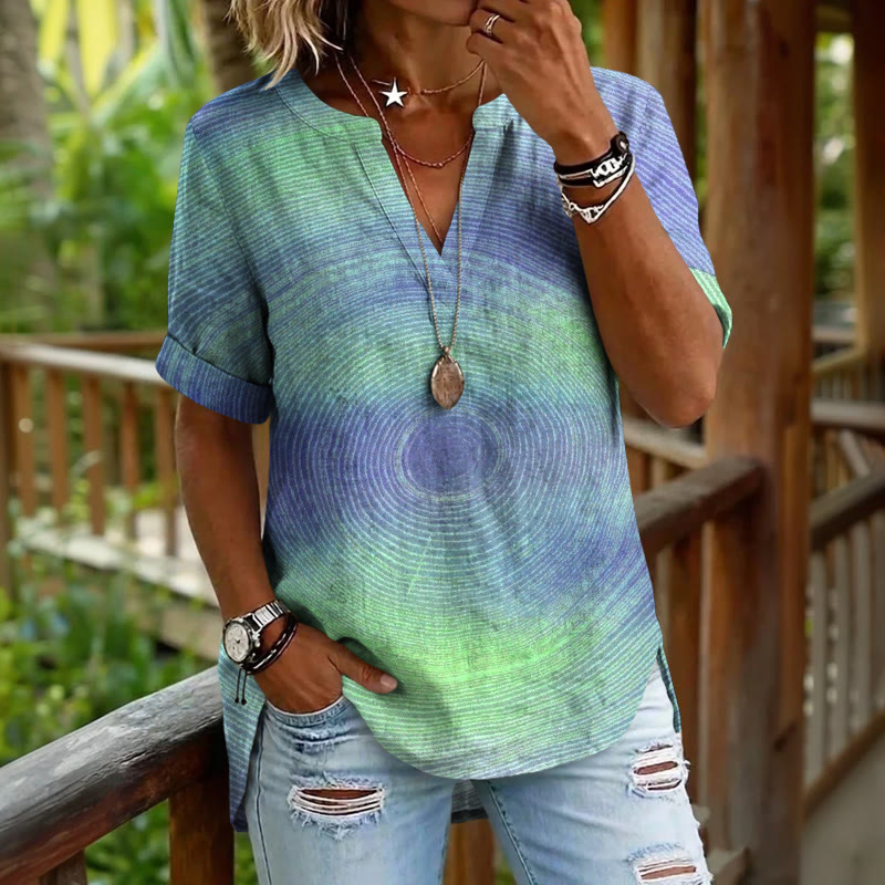 Traces Of Time Gradual Tree Rings Pattern Print Short Sleeve Casual Blouse - Blue - 5XL - image 2