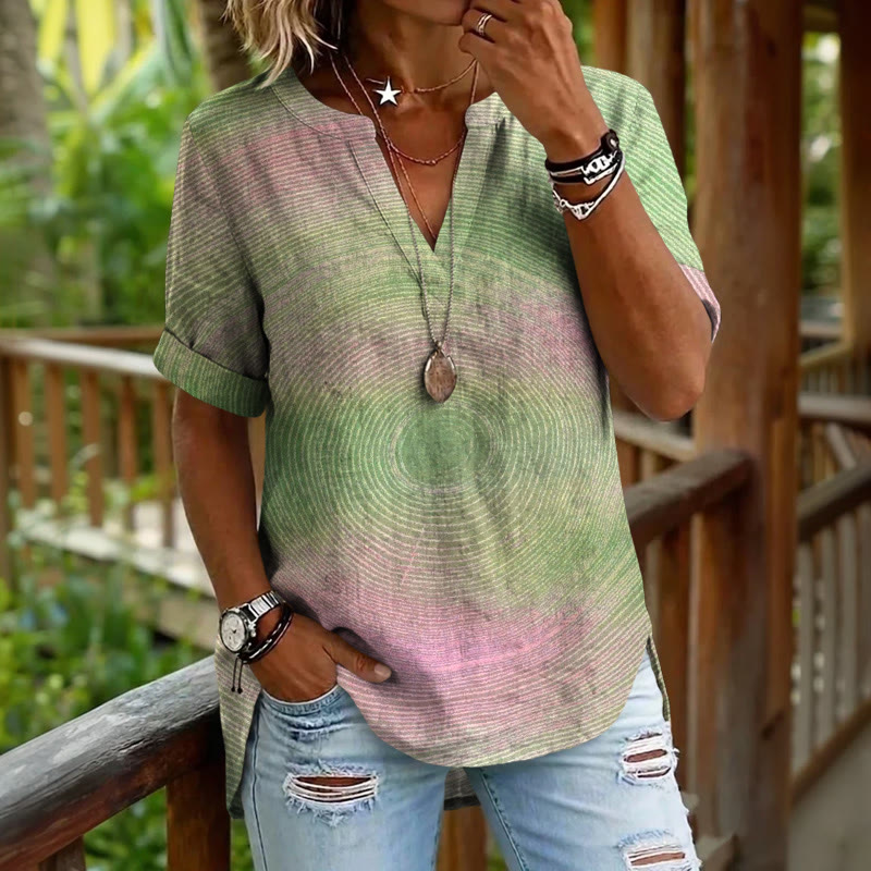 Traces Of Time Gradual Tree Rings Pattern Print Short Sleeve Casual Blouse - Pink - 5XL - image 1