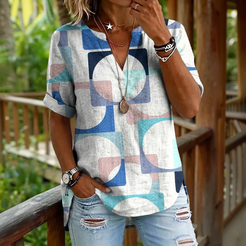 Colorful Squares And Circles Pattern Print Short Sleeve Casual Blouse - Blue - 5XL - image 2