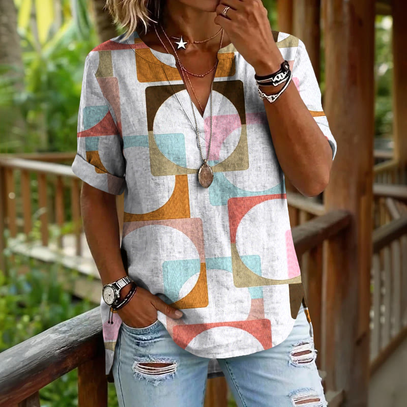 Colorful Squares And Circles Pattern Print Short Sleeve Casual Blouse - Orange - 5XL - image 1