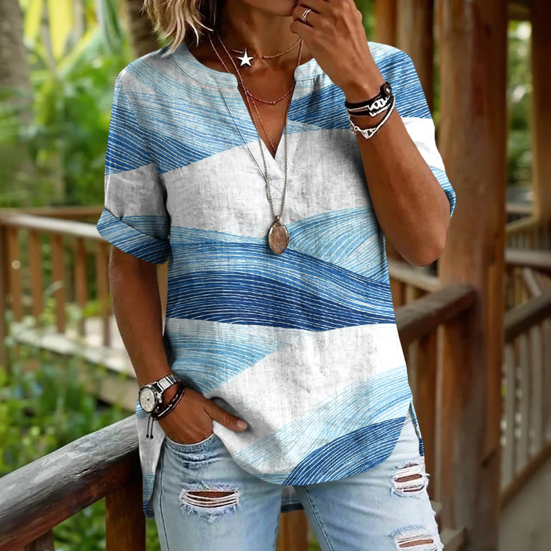 Summer Wave Lines Pattern Print Short Sleeve Casual Blouse - Blue - 5XL - image 1