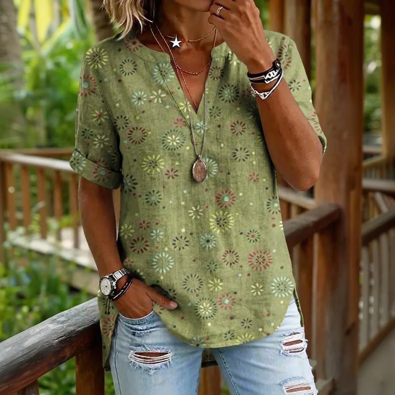 Hippie Minimalist Polka Dot & Daisy Floral Pattern Print Short Sleeve Casual Blouse - Green - 5XL - image 1