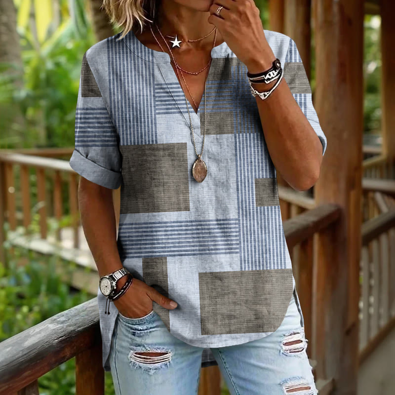 Minimalist Color Blocks And Lines Pattern Print Short Sleeve Casual Blouse - Light Blue - 5XL - image 2