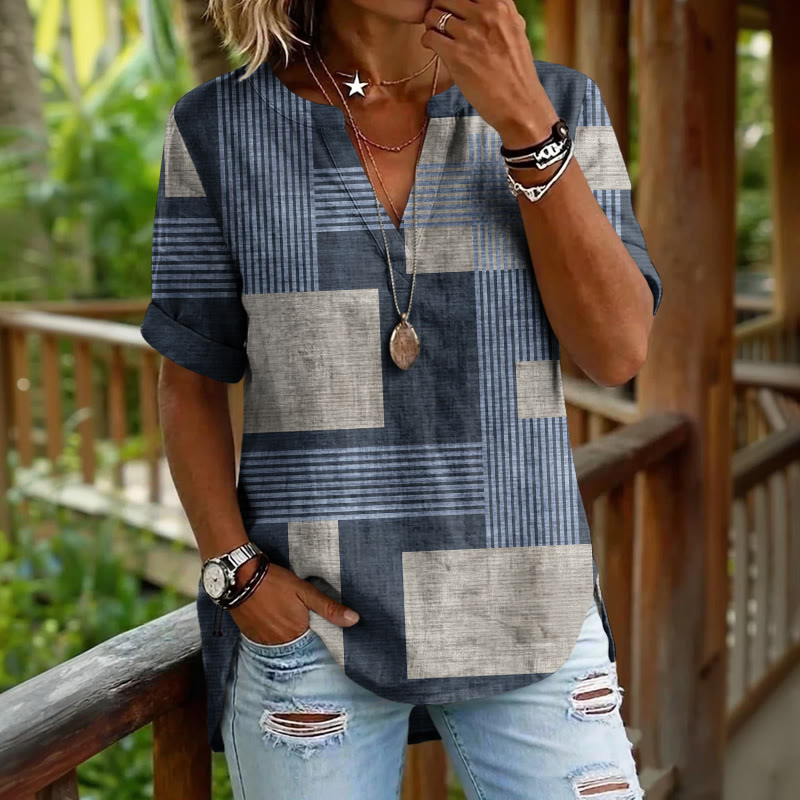 Minimalist Color Blocks And Lines Pattern Print Short Sleeve Casual Blouse - Blue - 5XL - image 1