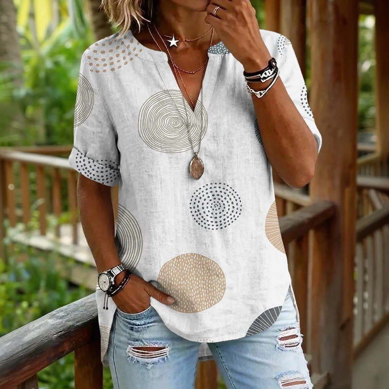 Simple Polka-dot Lines And Circles Pattern Print Short Sleeve Casual Blouse - White - 5XL - image 1