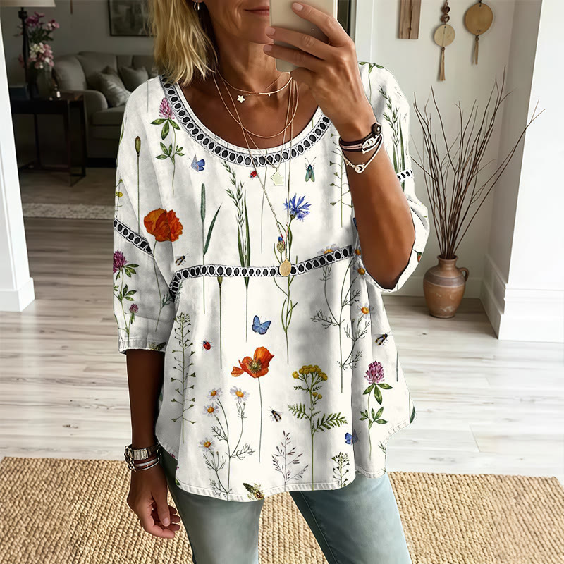 Boho Retro Vine Floral Print Openwork Lace Splicing Round Neck Half Sleeve Blouse - White - 4XL - image 1