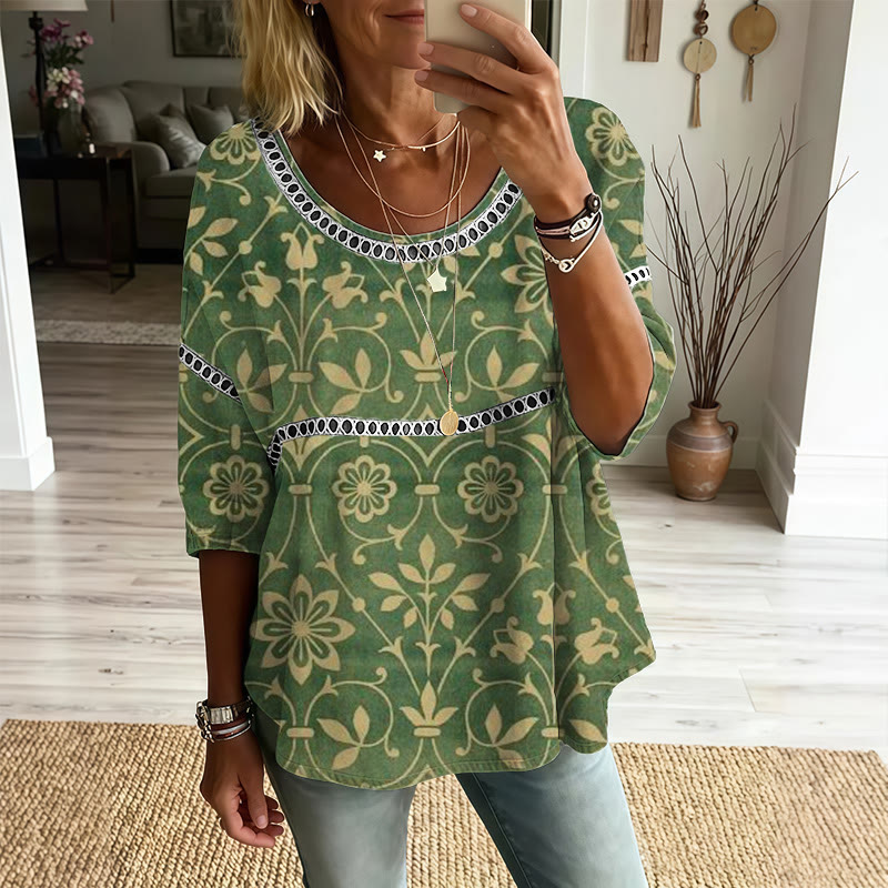 Cottagecore Green Botanical Medallion Print Openwork Lace Splicing Round Neck Half Sleeve Blouse - Green - 4XL - image 1
