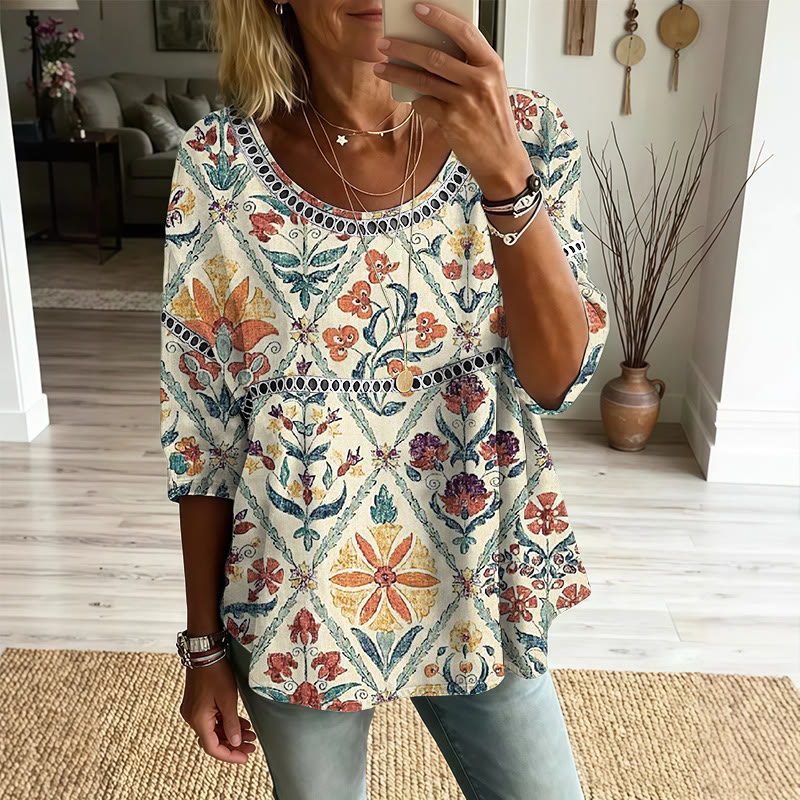 Boho Floral Geometric Print Openwork Lace Splicing Round Neck Half Sleeve Blouse - Apricot - 4XL - image 1