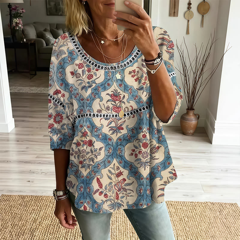 Boho Retro Floral Print Openwork Lace Splicing Round Neck Half Sleeve Blouse - Multicolor - 4XL - image 1
