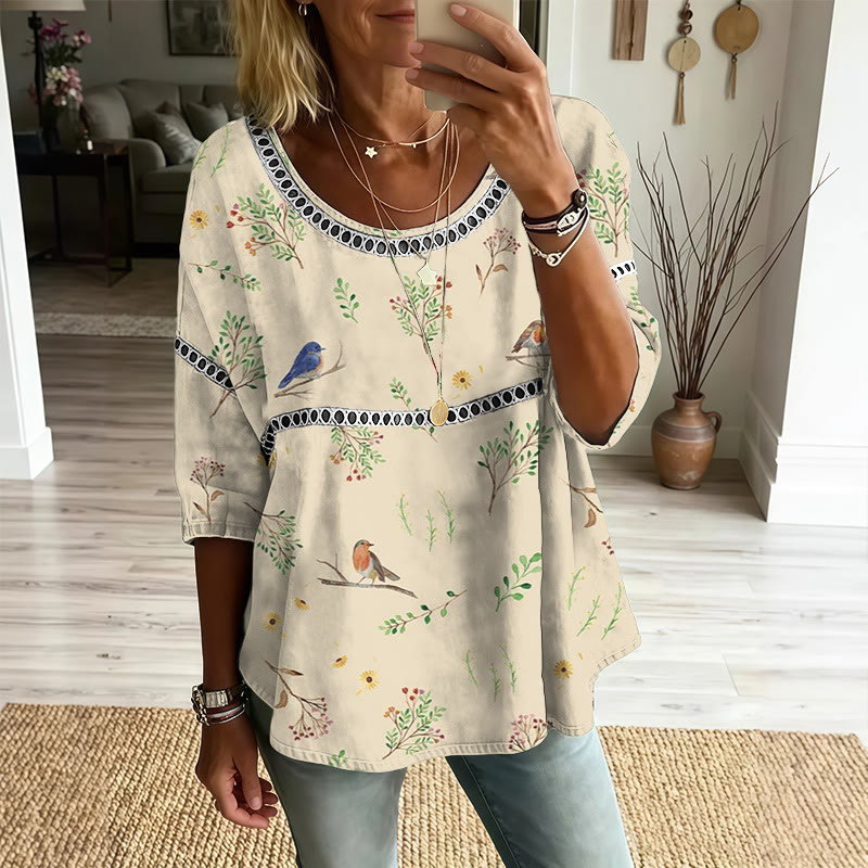 Cottagecore Vintage Bird Print Openwork Lace Splicing Round Neck Half Sleeve Blouse - Apricot - 4XL - image 1