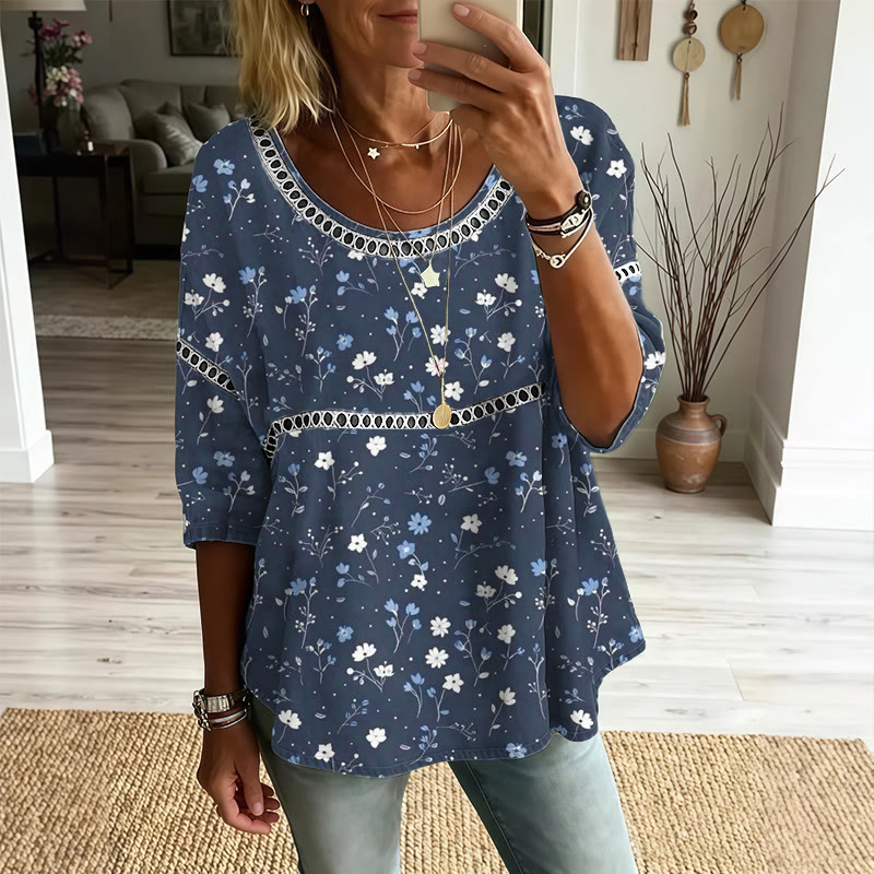 Weekend Vacation Comfy Floral Openwork Lace Splicing Round Neck Half Sleeve Blouse - Blue - 4XL - image 1