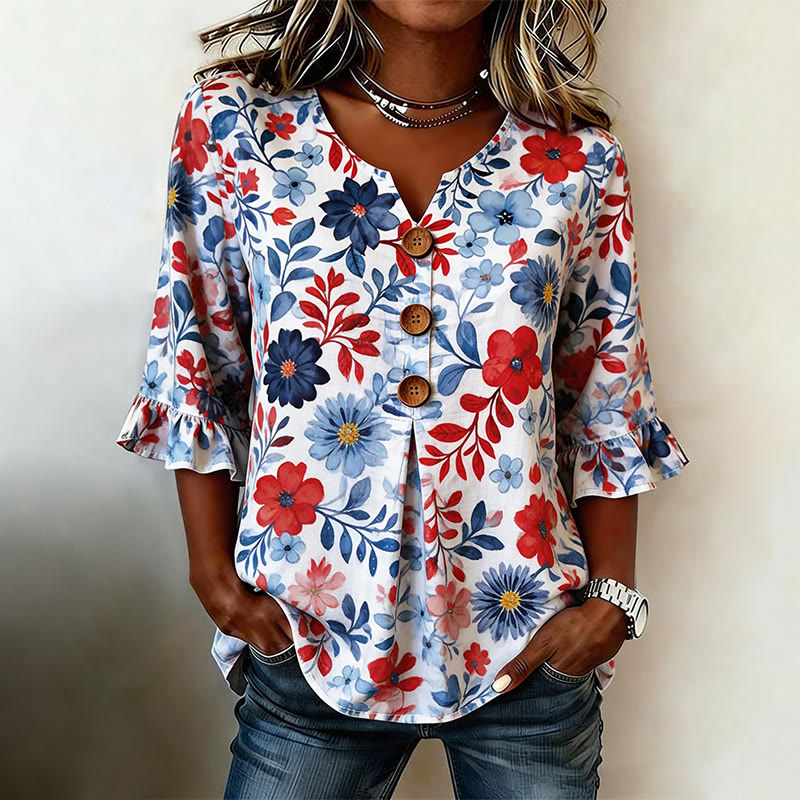 Independence Day Blue And Red Florals Pattern Print Button V-neck Blouse With Ruffle Sleeves - White - 5XL - image 1