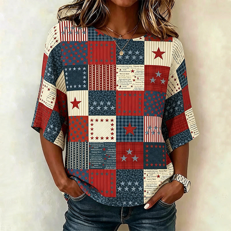 Vintage Independence Day Flag Star Patchwork Print 3/4 Sleeve Casual Blouse - Apricot - 4XL - image 1