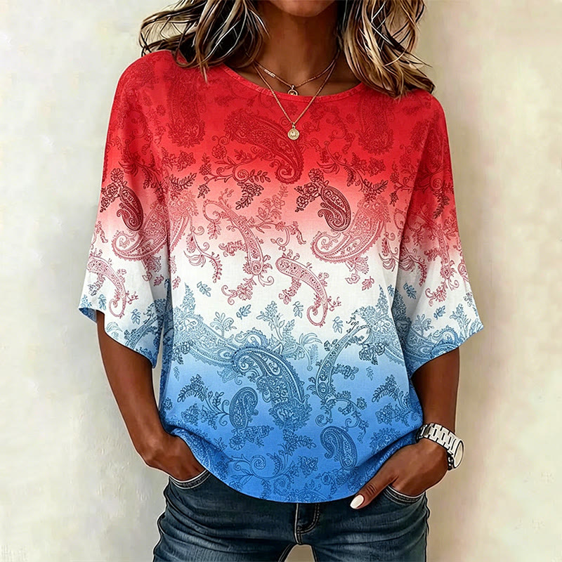 Retro Independence Day Gradient Paisley Pattern Print 3/4 Sleeve Casual Blouse - White - 4XL - image 1