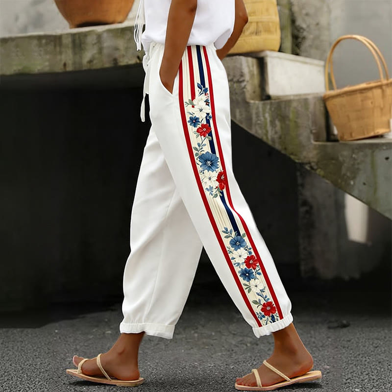Independence Day Vintage Stripes And Florals Print Casual Pocket Pants  - White - 5XL - image 1
